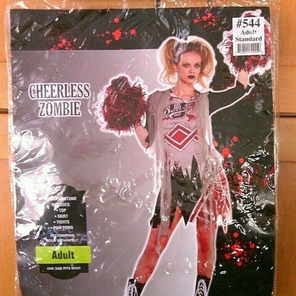 Cheerless Zombie Halloween Outfit Costume Fancy Dress Skirt Top Body Pom Pom - Picture 1 of 16